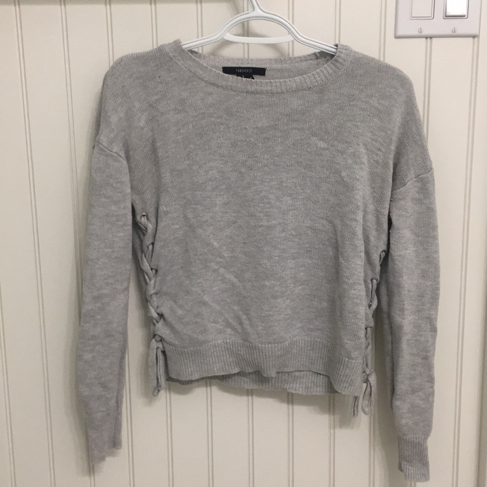Gray Lace Up Sweater
